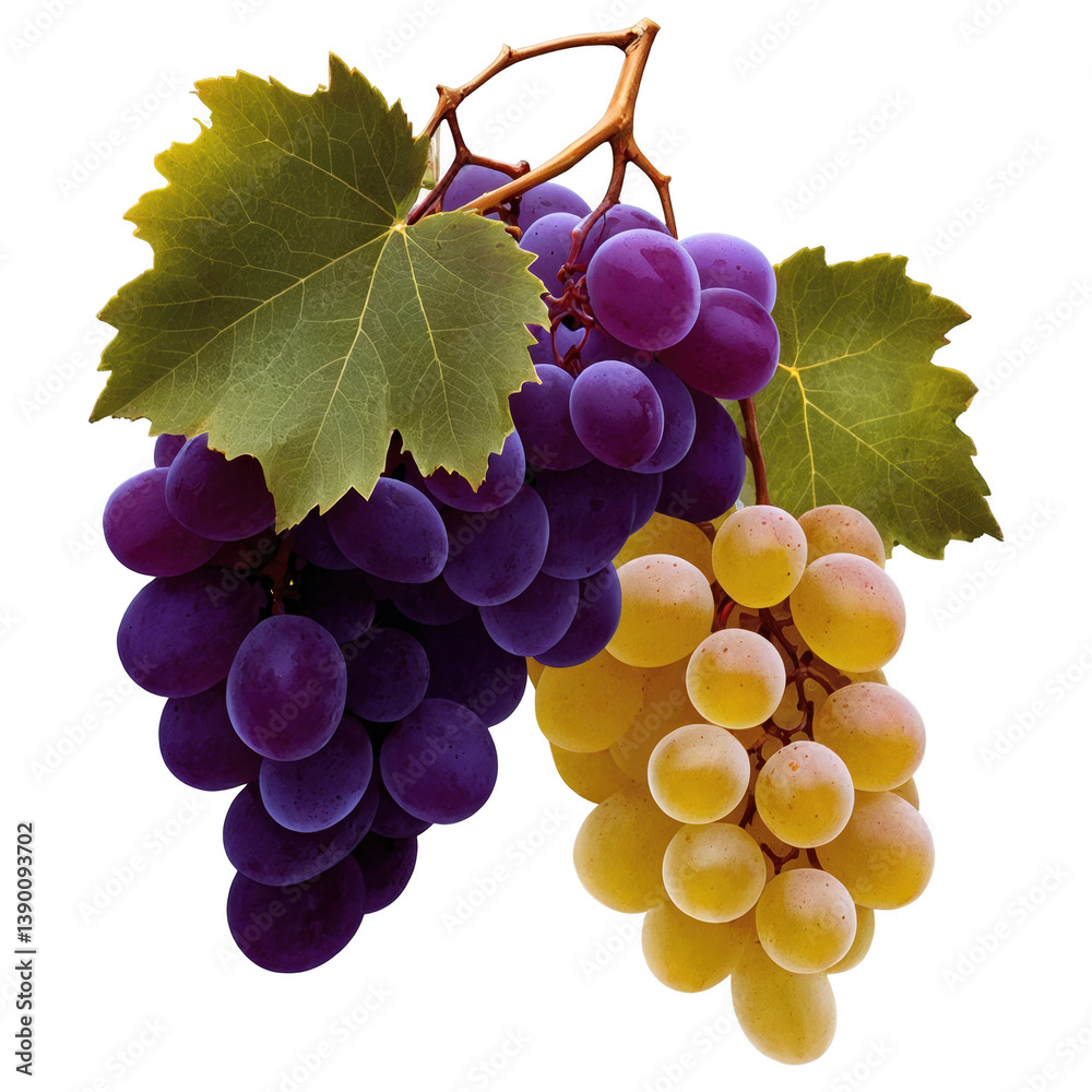 Fototapeta premium A cluster of ripe purple and green grapes with vibrant leaves against a soft blurred background.