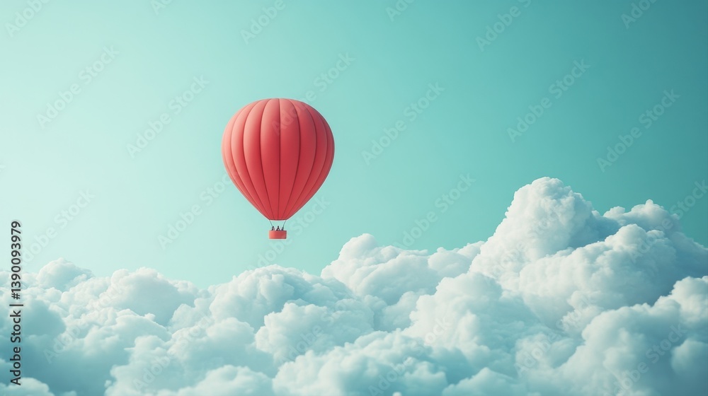 Fototapeta premium Red Hot Air Balloon Gliding Above Soft White Clouds in Clear Blue Sky on a Tranquil Day