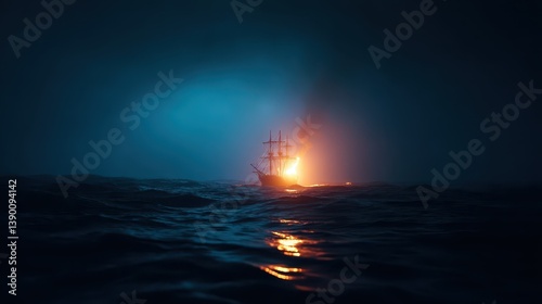 Cascading waves crash against the pirate ship as flames roar into the night air. The turbulent sea adds to the drama of the ship's fiery demise under a dark sky