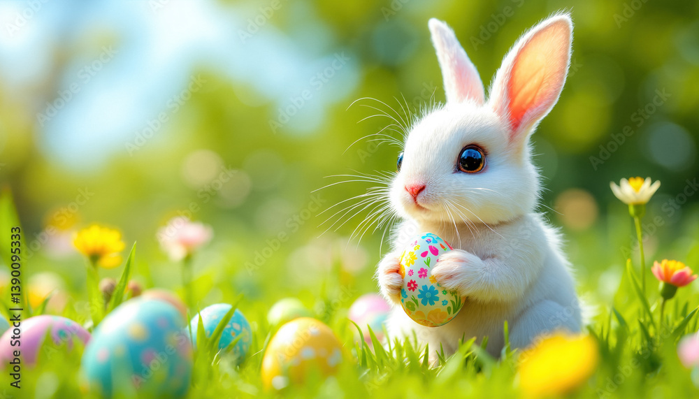 An adorable Easter bunny with Easter eggs.