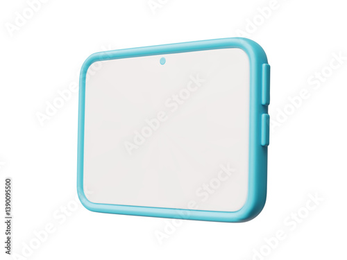 Tablet computer with white blank screen 3D vector, portable device in blue case, gadget with touchpad screen, buttons