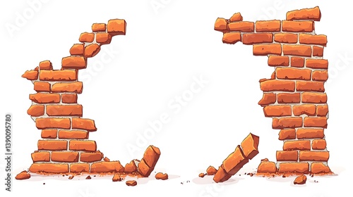 A cartoon illustration of a damaged brick wall section