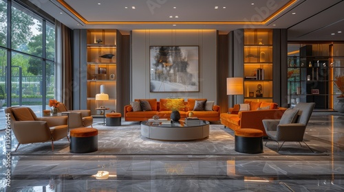 Modern Law Office with Associates Discussing a Case in a Cozy Conference Room, Highlighting Large Windows and Stylish Furniture