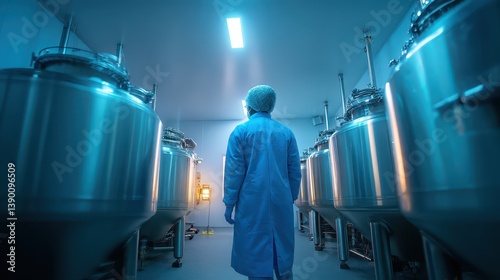 A researcher in a laboratory wearing protective gear observes large fermentation tanks. The setting highlights innovative dairy alternatives produced through precision fermentation technology