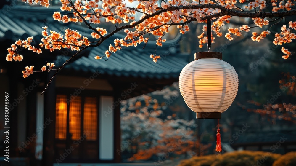 Obraz premium Illuminated Paper Lantern Hanging from Blossoming Branch near Asian House
