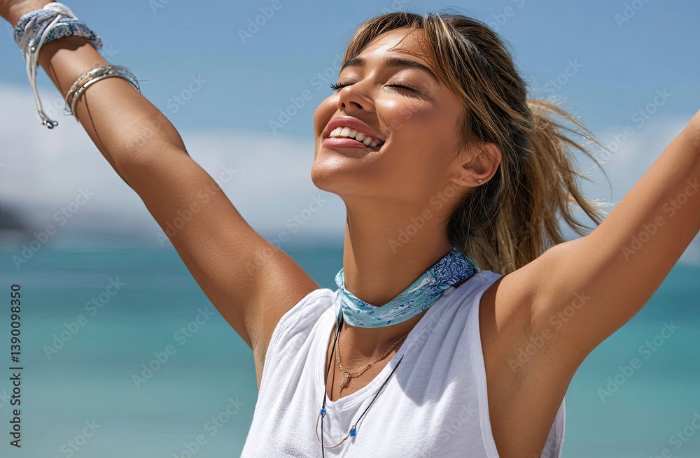 a woman doing yoga on the beach, arms outstretched to the sides with a white armband over her shoulder and looking up at the blue sky