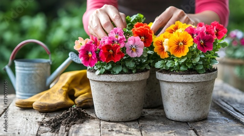 Female gardener's hands planting colorful flowers in cement pots on wooden table with gloves and watering can made with Generative AI technology