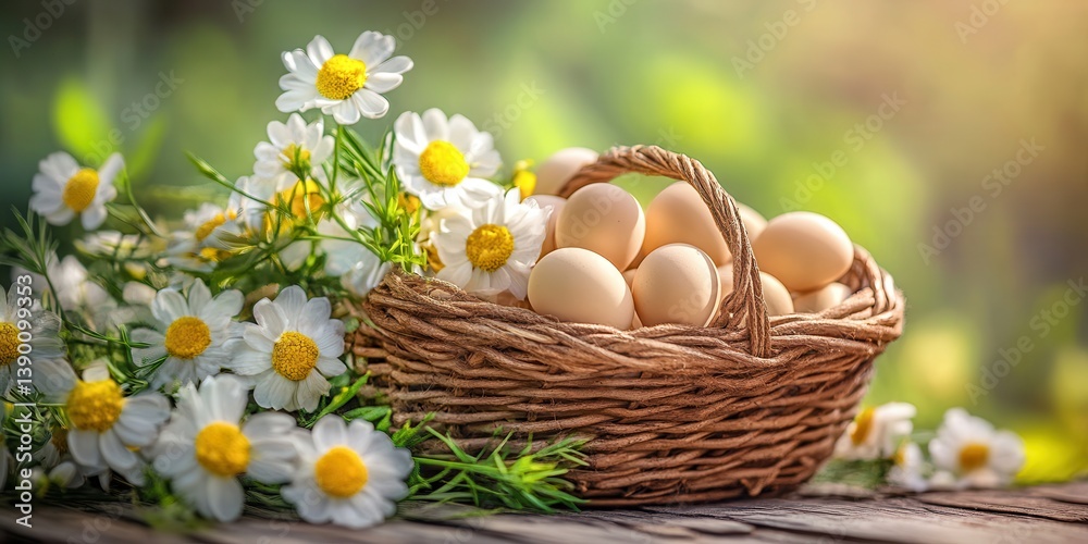 A colorful basket of eggs surrounded by daisies, celebrating the joy of Easter. A colorful basket of eggs surrounded by daisies, celebrating the joy of Easter.