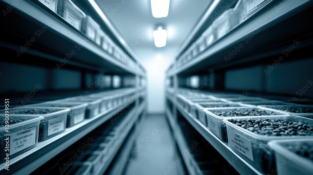 Naklejka premium A seed bank scientist meticulously examines various plant samples in organized containers under bright clinical lighting in a research facility, ensuring proper classification and preservation