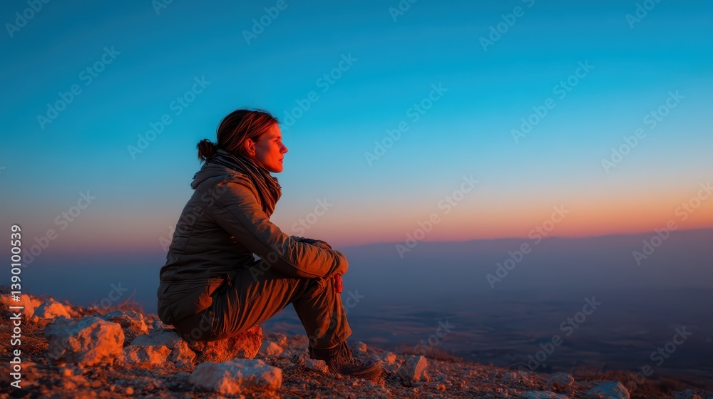 Fototapeta premium A traveler sits on a rocky ledge, basking in the warm glow of magic hour light. The vast landscape stretches beneath as the day transitions into evening, instilling a sense of peace