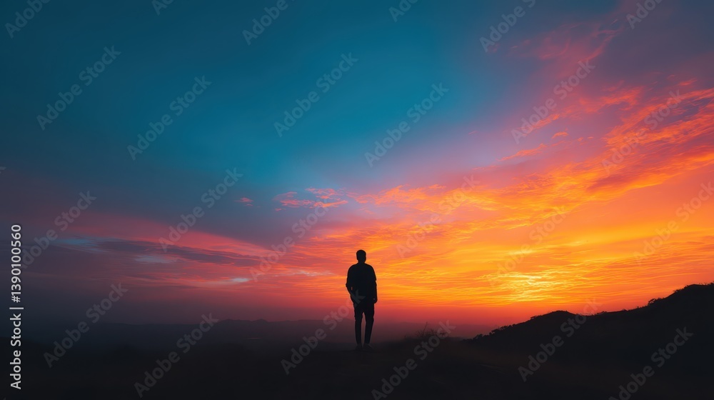 A person stands silhouetted against a stunning sunset, absorbing the soft hues of orange and pink. The calm atmosphere reflects the beauty of the golden hour during slow travel A person stands silhouetted against a stunning sunset, absorbing the soft hues of orange and pink. The calm atmosphere reflects the beauty of the golden hour during slow travel