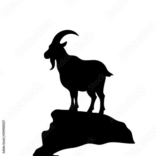 Minimalist black silhouette of a goat on a rocky ledge with curved horns