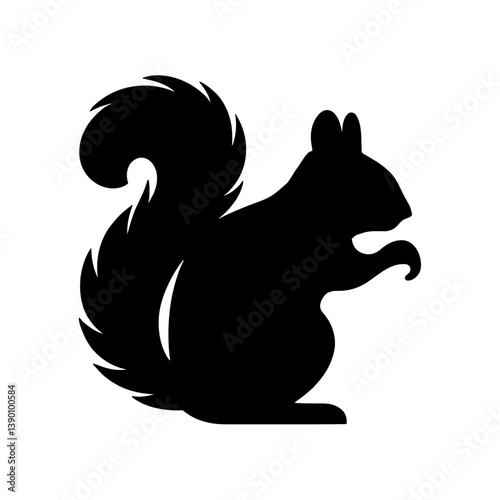 Minimalist black silhouette of a squirrel standing upright with an arched bushy tail