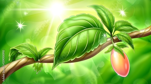 A branch displays fresh green leaves and a vibrant fruit