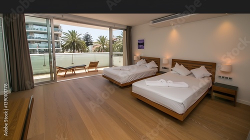 A modern bedroom with two beds and an open balcony space