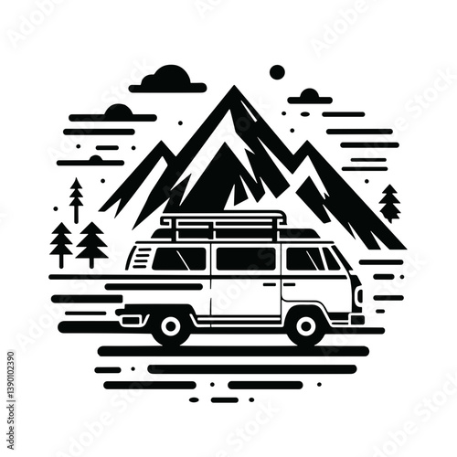 Vintage van traveling through mountainous landscape  