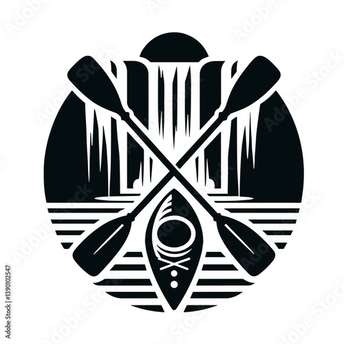 Kayak and Paddles at Waterfall Silhouette  