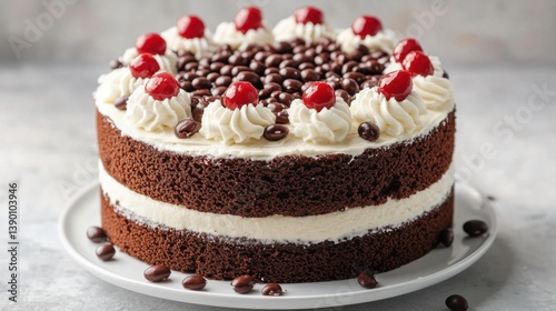 Wallpaper Mural Decadent Chocolate Cake with Whipped Cream and Cherry Toppings on a White Plate Torontodigital.ca