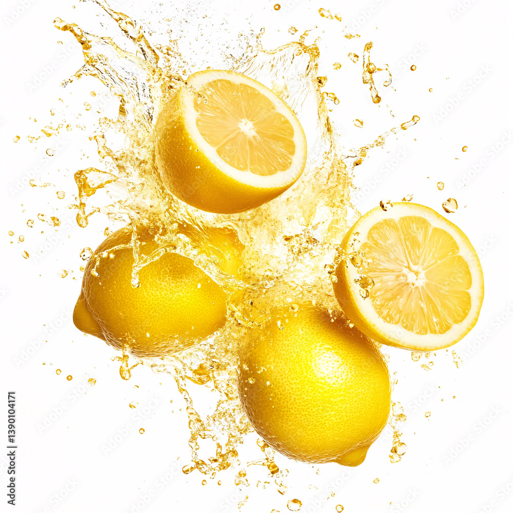 Vibrant Lemons with Juicy Splashes Captured in Crisp Isolation Vibrant Lemons with Juicy Splashes Captured in Crisp Isolation