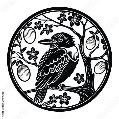 Kookabura animal in brunch black and white color silhouette vector art illustration 