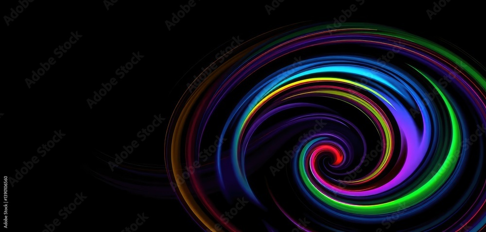 Obraz premium Abstract swirling vibrant spiral wave pattern on black background, trendy, wallpaper