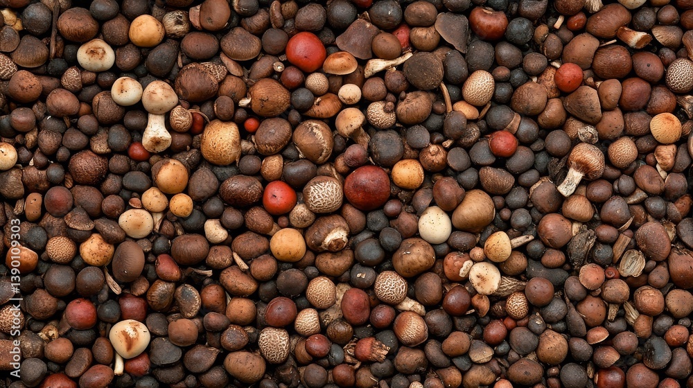 Diverse Collection of Brown Mushrooms and Seeds Texture Background Diverse Collection of Brown Mushrooms and Seeds Texture Background