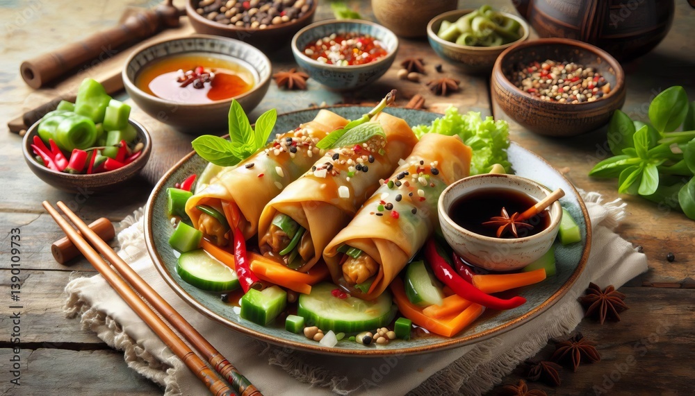 Fototapeta premium Spring Rolls China Fried rolls filled with vegetables or meat
