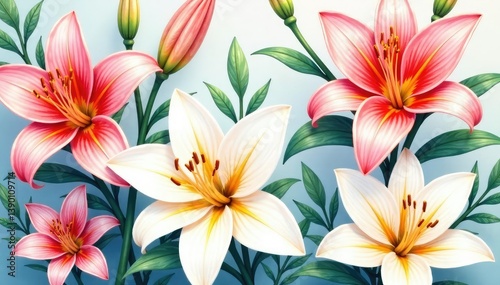 Delicate, overlapping watercolor lilies, repeating seamlessly, repeat, pattern