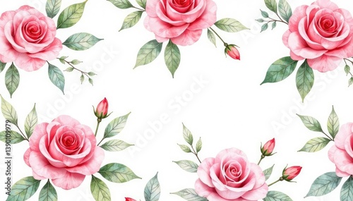 Delicate watercolor roses & leaves, repeating pattern , botanical, tileable, pretty