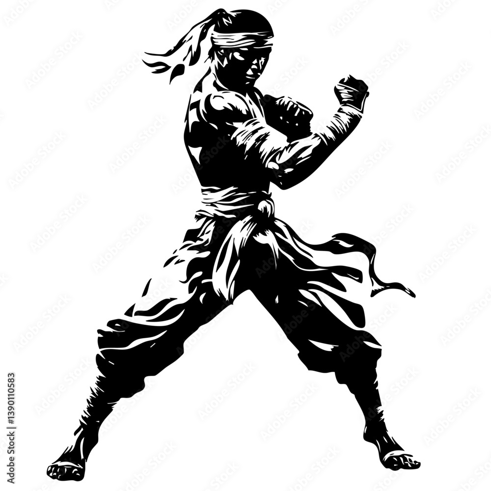 Fototapeta premium Martial Arts Fighter in Combat Stance – Dynamic Ninja Warrior Silhouette Illustration
