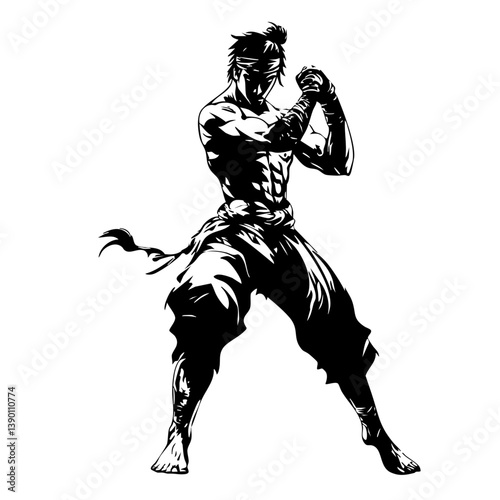 Martial Arts Fighter in Combat Stance – Dynamic Ninja Warrior Silhouette Illustration