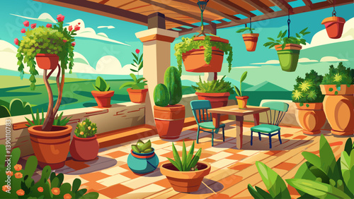 Rustic green terrace with terracotta pots, natural wood seating, and flowering plants