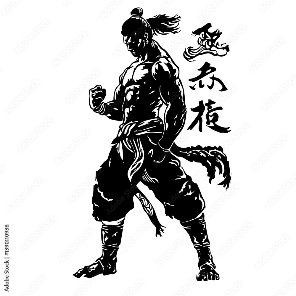 Obraz premium Silhouette of a Warrior in Action logo illustration – Martial Arts Fighter Ready for Battle