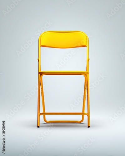 A cobalt yellow metal folding chair is positioned neatly against a minimalist, soft-colored backdrop. The setting is bright and inviting, emphasizing the chair's vibrant color