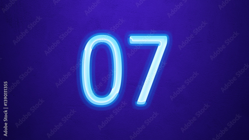 Glowing blue number design of 07 on blue background. Glowing blue number design of 07 on blue background.