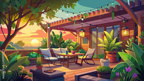 Cozy terrace with lush green plants, wooden furniture, and warm ambient lighting at sunset