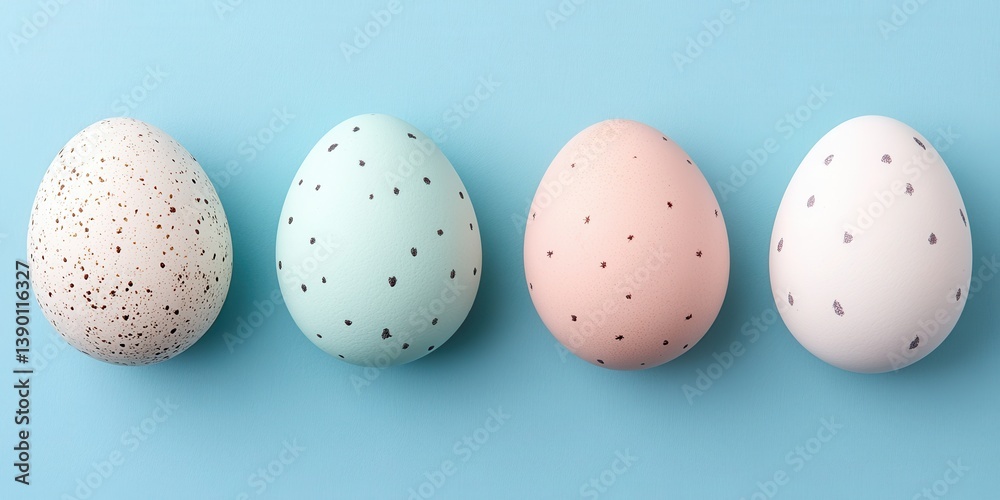 Fototapeta premium Three speckled eggs are arranged neatly on a vibrant blue surface, showcasing festive Easter colors.