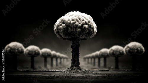 Dense mushroom clouds dominate a stark, dark landscape, symbolizing apocalyptic hysteria and the devastating effects of nuclear weapons. A chilling reminder of destruction lingers in the air
