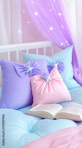 Cozy Bedroom Decor with Pastel Pillows and Open Book on Bed