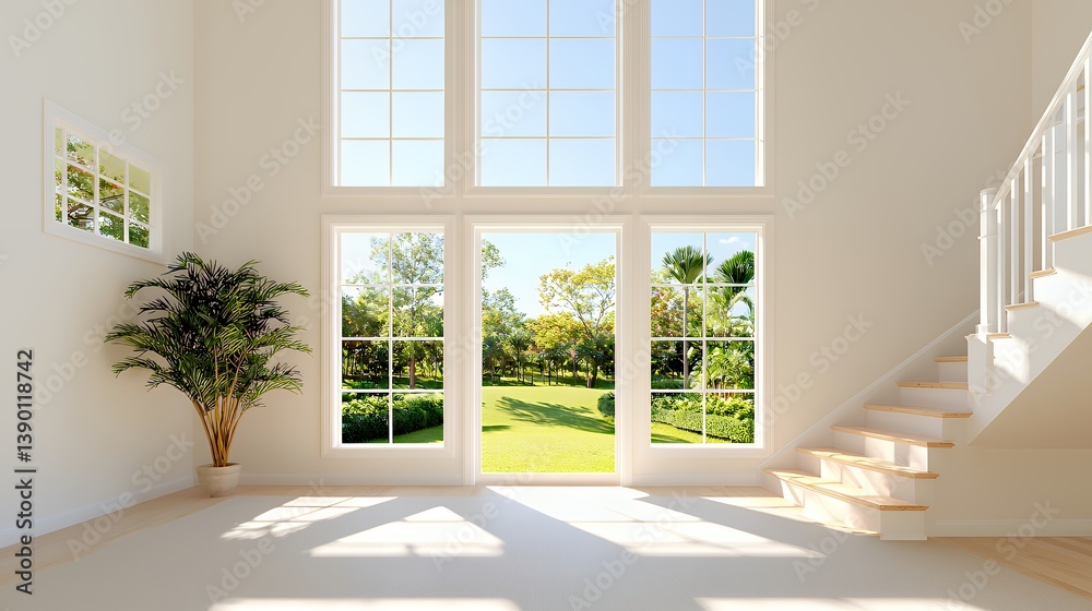 Bright interior with lush garden view Bright interior with lush garden view