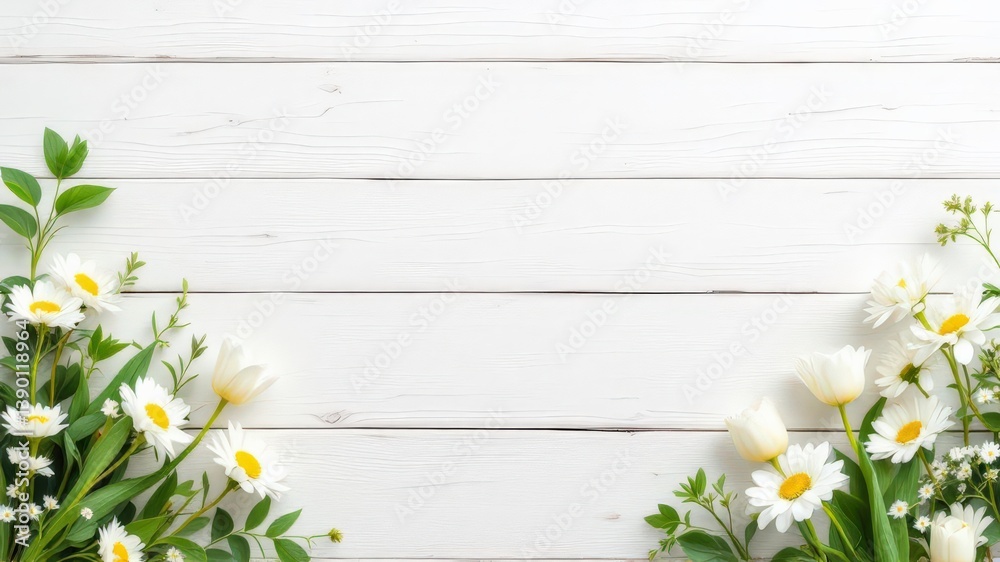 Obraz premium Beautiful White Daisies with Greenery on Rustic Wood Background
