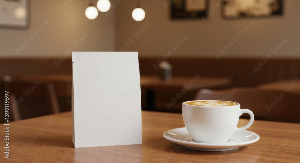 Obraz premium White blank table tent card next to cappuccino cup with latte art on wooden table in cafe. Mockup for restaurant menu, promotional materials or branding design