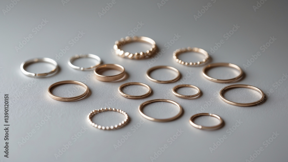 Elegant Gold And Silver Stacking Rings Arranged On A Minimalist Gray Background