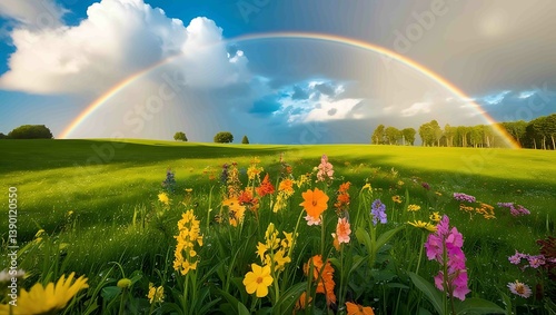 A stunning double rainbow arching over a lush green meadow with wildflowers, under a bright post-rain sky