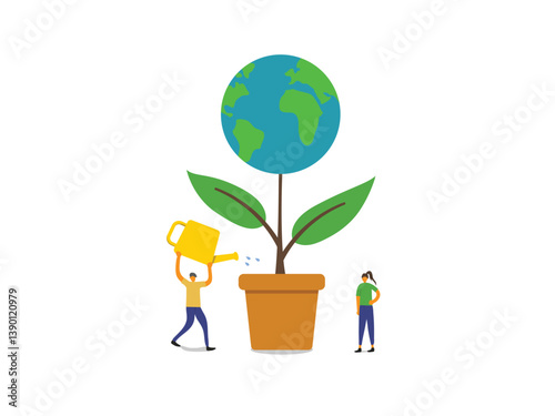 A man and a woman are watering a plant with earth in a pot. Concept of nurturing and caring for the environment
