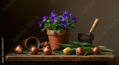 Violets in a clay pot, tulip bulbs and garden tools on an old table.