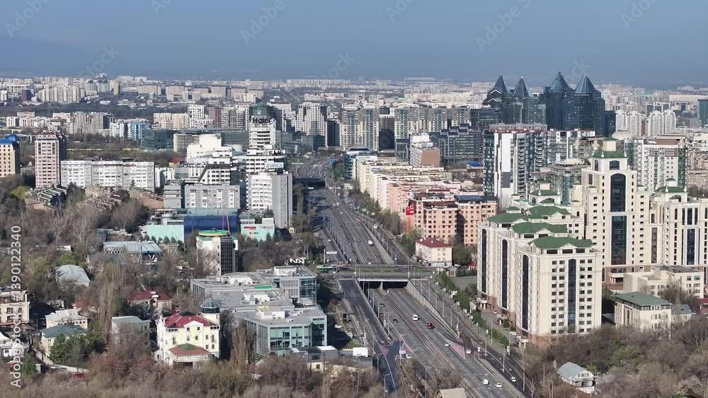 View from a quadcopter on the central part of the Kazakh city of Almaty in the early spring morning View from a quadcopter on the central part of the Kazakh city of Almaty in the early spring morning