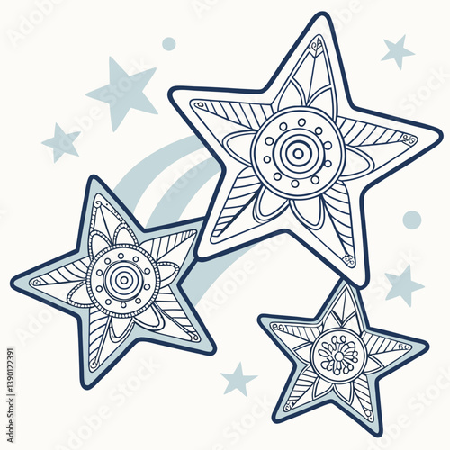 Zen doodle star designs with mandala patterns inside