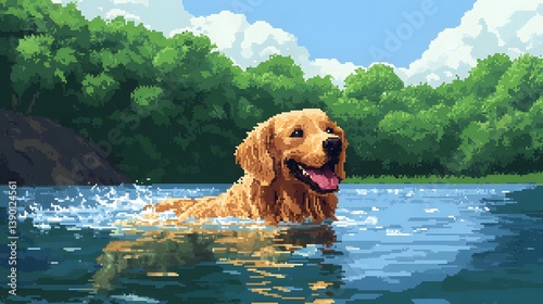 A happy golden retriever splashing and swimming in a serene lake
