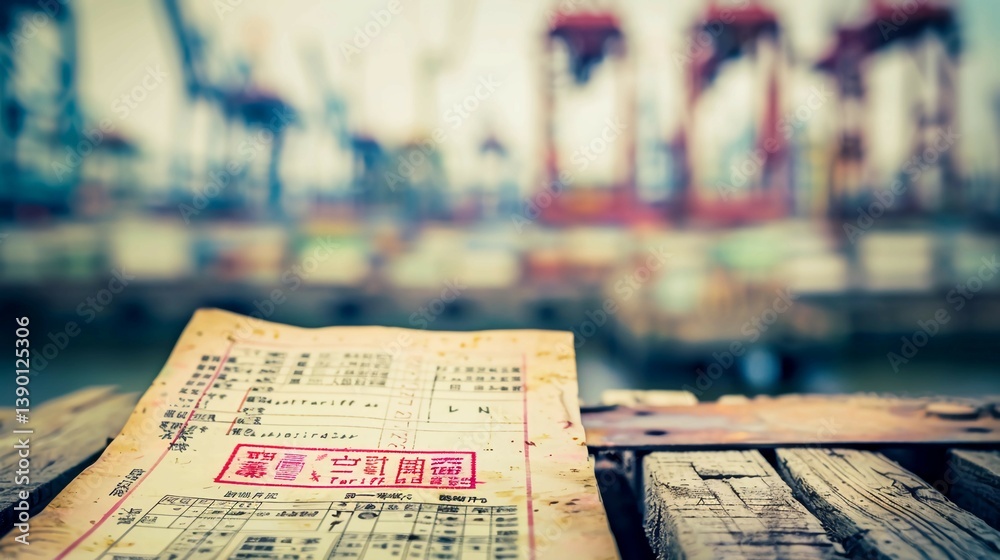 Customs document with red tariff stamp on wooden crate, international shipping, import export logistics and freight transportation concept. Customs document with red tariff stamp on wooden crate, international shipping, import export logistics and freight transportation concept.
